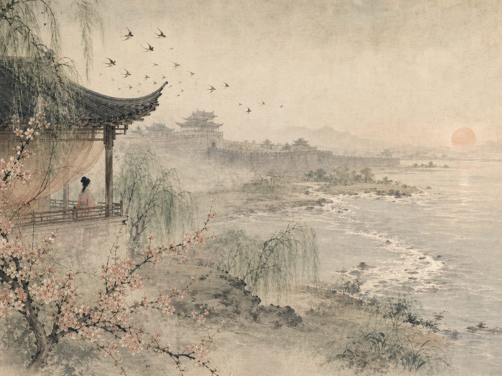 《木兰花・玉楼春》水墨写意背景插图：婉约柔美，楼、城、风、莺。