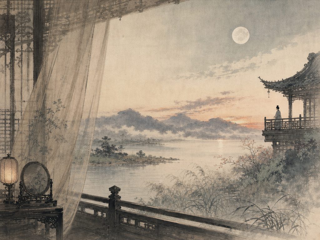 《苏幕遮》水墨写意背景插图：闺怨相思，云、烟、山、斜阳。