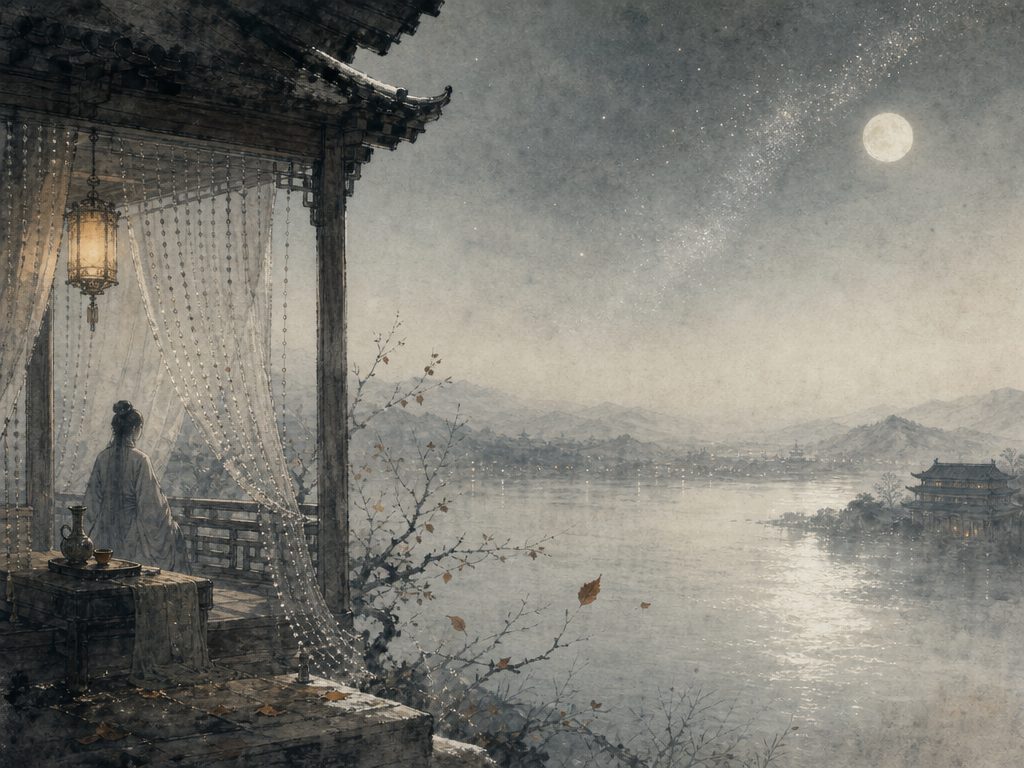 《御街行》水墨写意背景插图：清冷孤寂，香、珠帘、楼、银河。