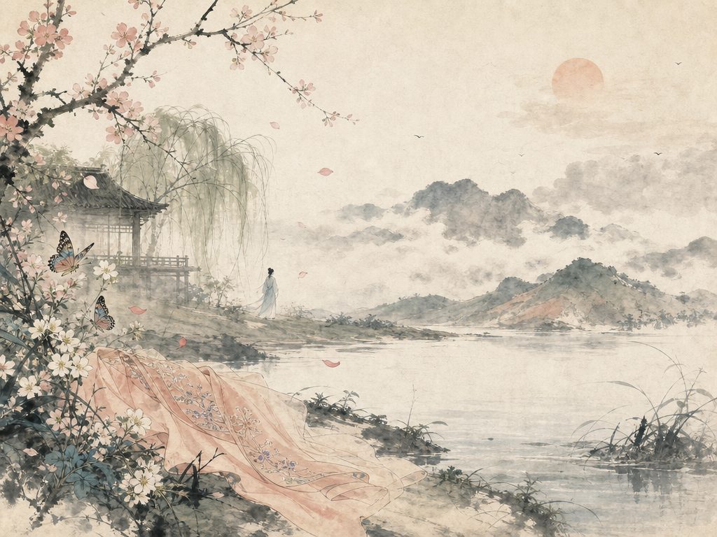 《醉垂鞭》水墨写意背景插图：婉约柔美，蝶、罗裙、花、柳。