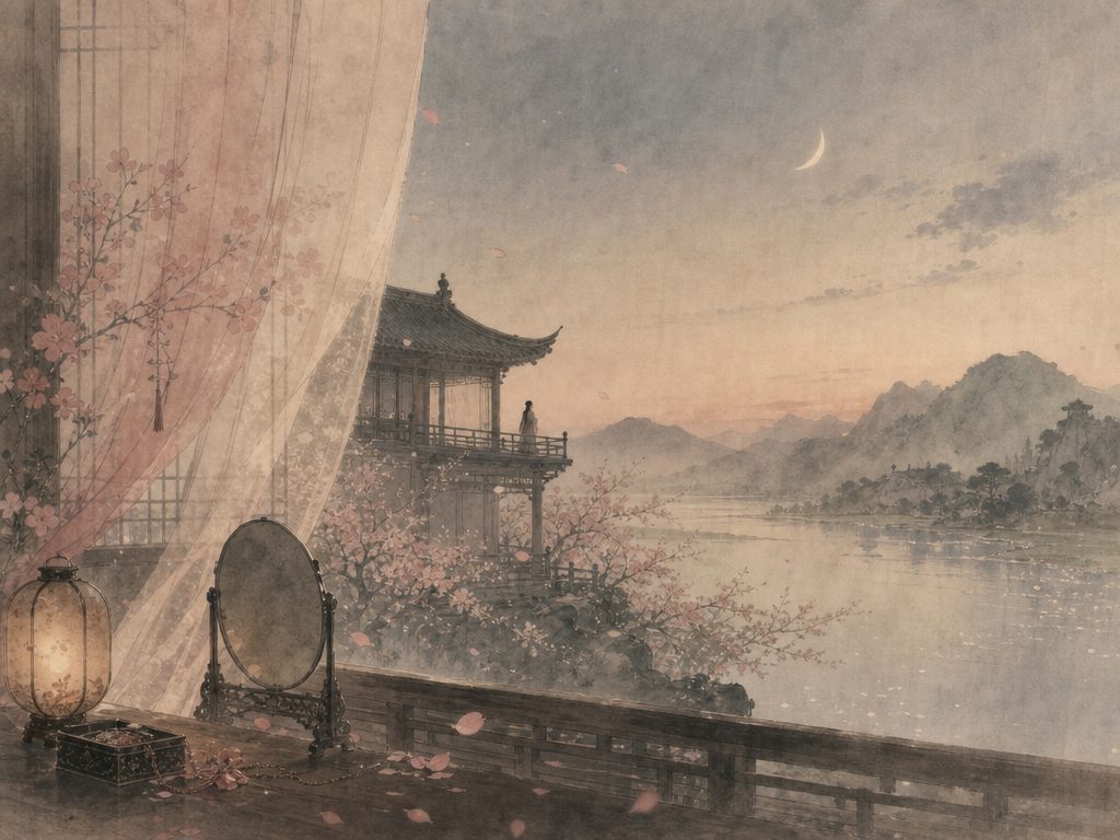 《一丛花令・一丛花》水墨写意背景插图：闺怨相思，花、飞絮、水、阁。
