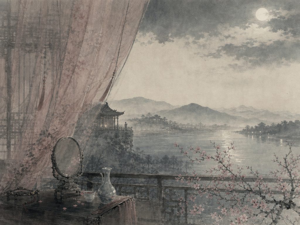 《天仙子》水墨写意背景插图：闺怨相思，水、酒、镜、沙。