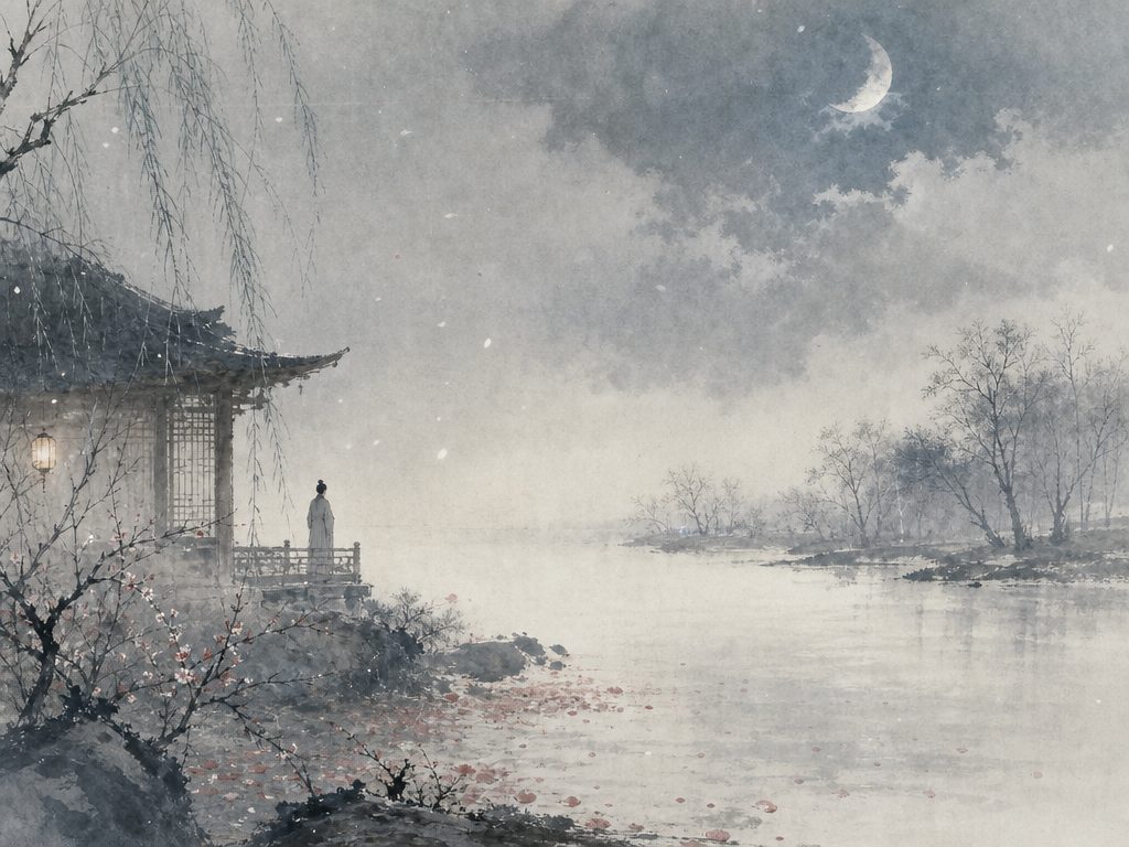 《千秋岁》水墨写意背景插图：清冷孤寂，残红、雨、风、梅。