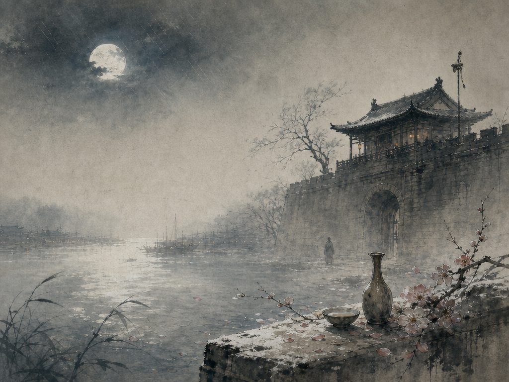 《青门引・青门饮》水墨写意背景插图：清冷孤寂，门、风、雨、花。