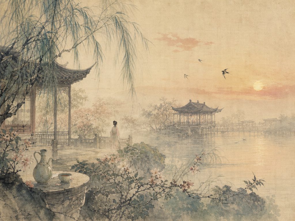 《浣溪沙》水墨写意背景插图：婉约柔美，酒、杯、亭、台。
