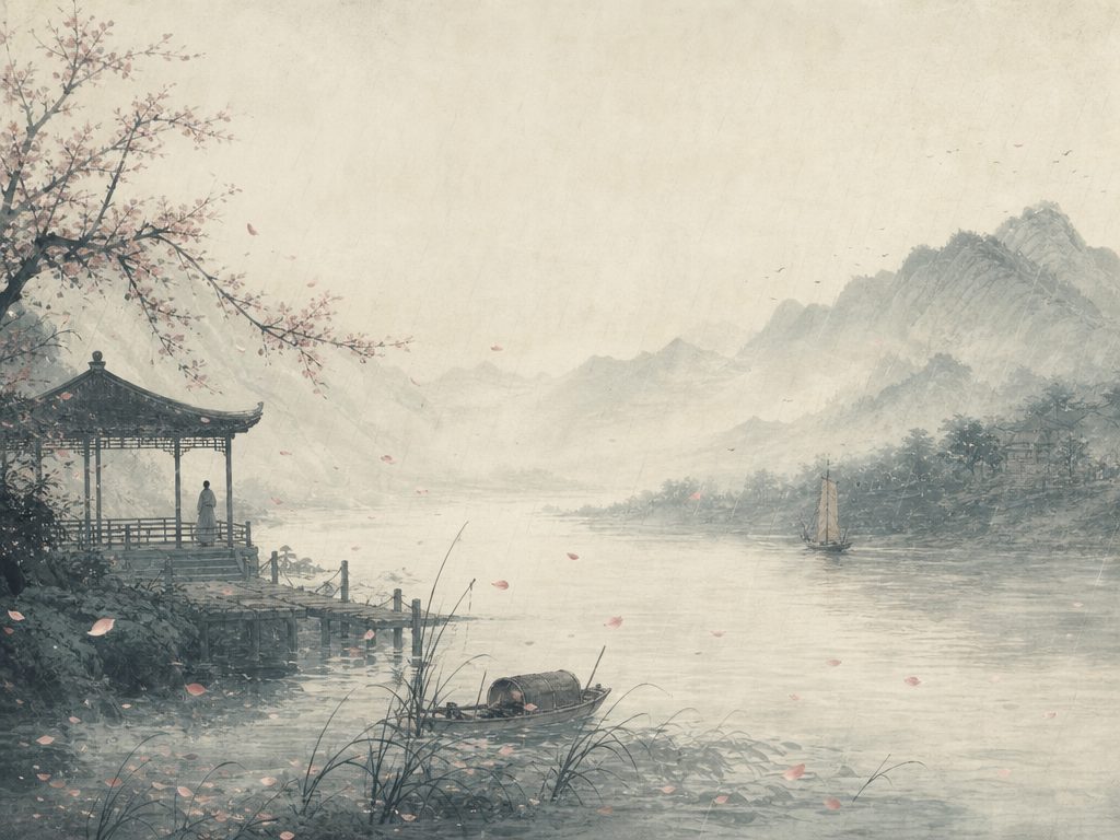《浣溪沙》水墨写意背景插图：离愁别绪，酒、山、河、落花。