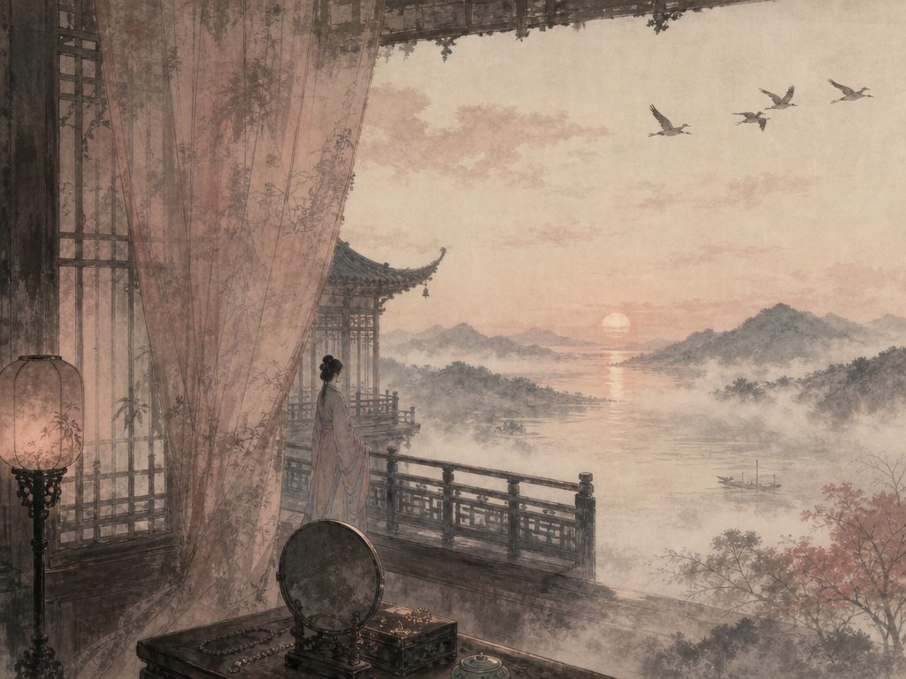 《清平乐》水墨写意背景插图：闺怨相思，鸿雁、云、水、斜阳。