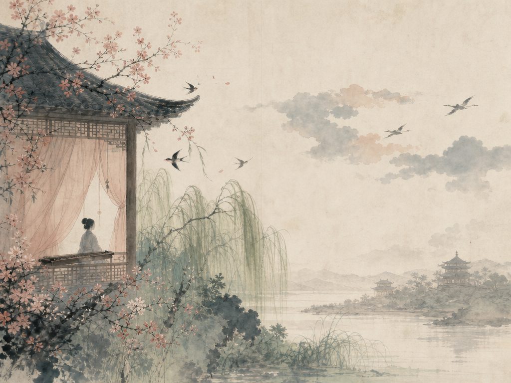 《木兰花・玉楼春》水墨写意背景插图：婉约柔美，楼、燕、鸿、莺。