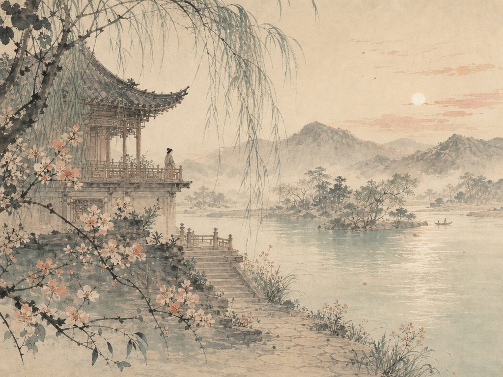 《木兰花・玉楼春》水墨写意背景插图：婉约柔美，楼、水、风、香。