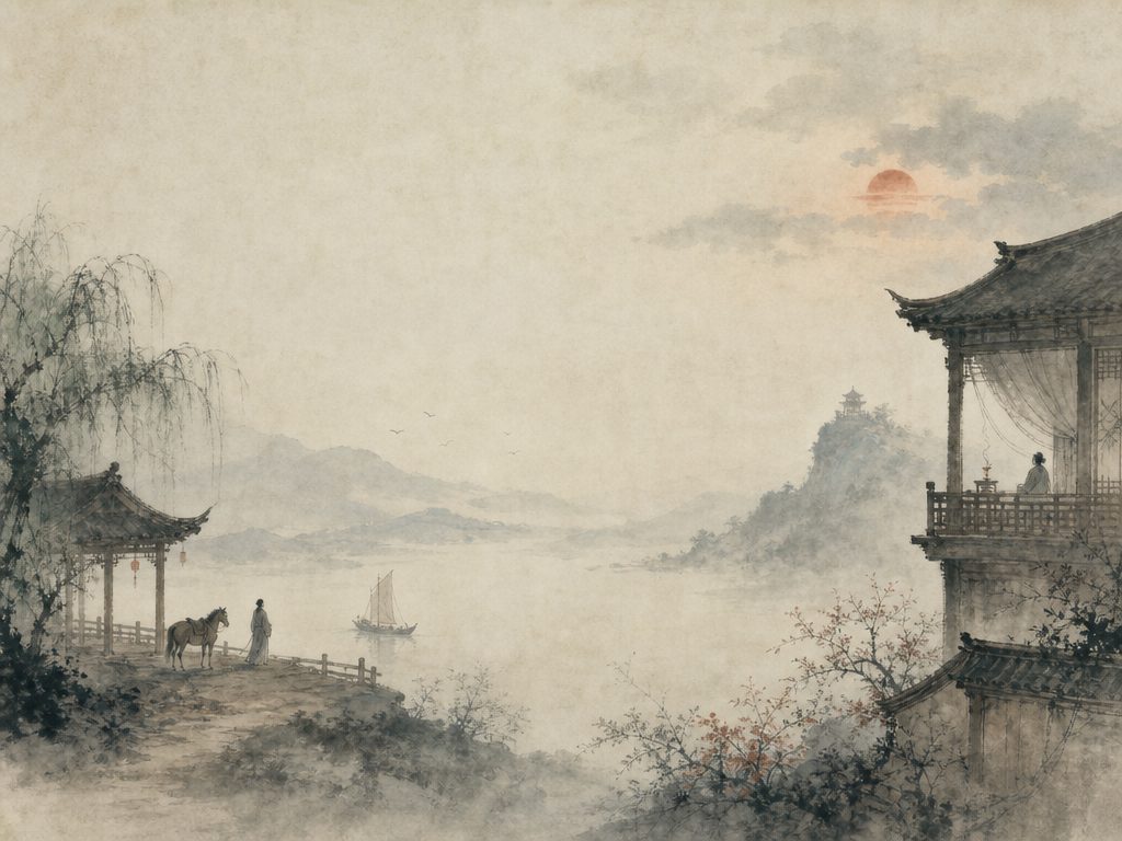《踏莎行》水墨写意背景插图：离愁别绪，长亭、香、马、阁。