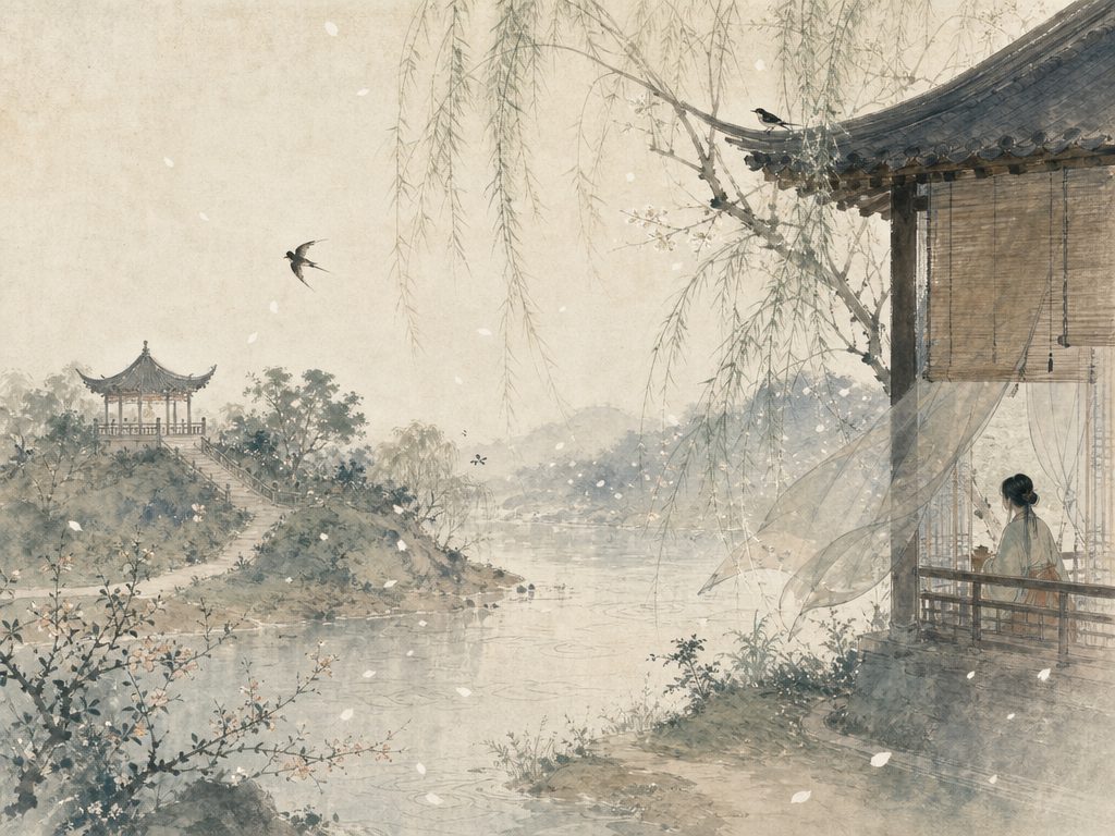 《踏莎行》水墨写意背景插图：婉约柔美，径、台、树、春风。