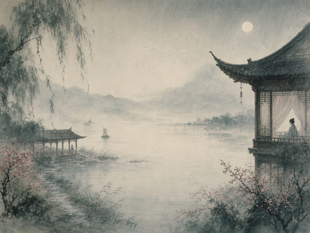 《玉楼春》水墨写意背景插图：离愁别绪，芳草、长亭、楼、花。