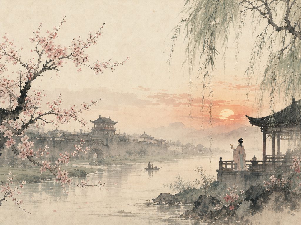 《玉楼春》水墨写意背景插图：婉约柔美，城、风、烟、杏。