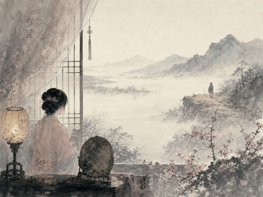 《诉衷情》水墨写意背景插图：闺怨相思，帘、霜、梅、远山。