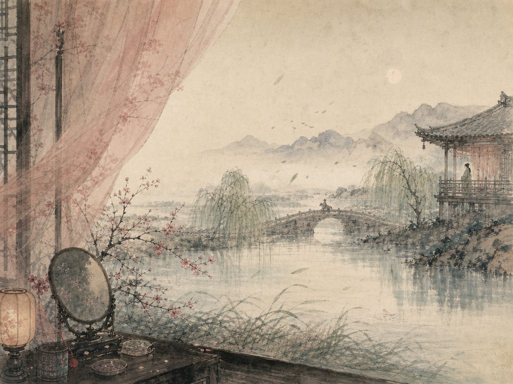 《踏莎行》水墨写意背景插图：闺怨相思，梅、溪、桥、柳。