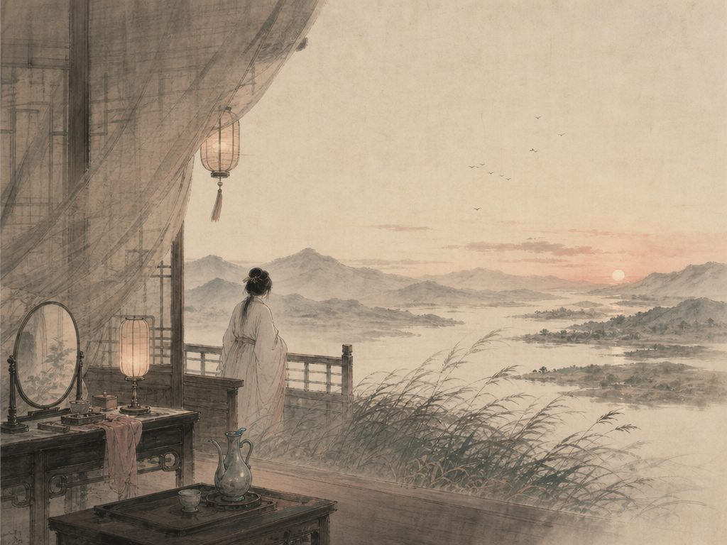 《蝶恋花》水墨写意背景插图：闺怨相思，危楼、风、草、山。