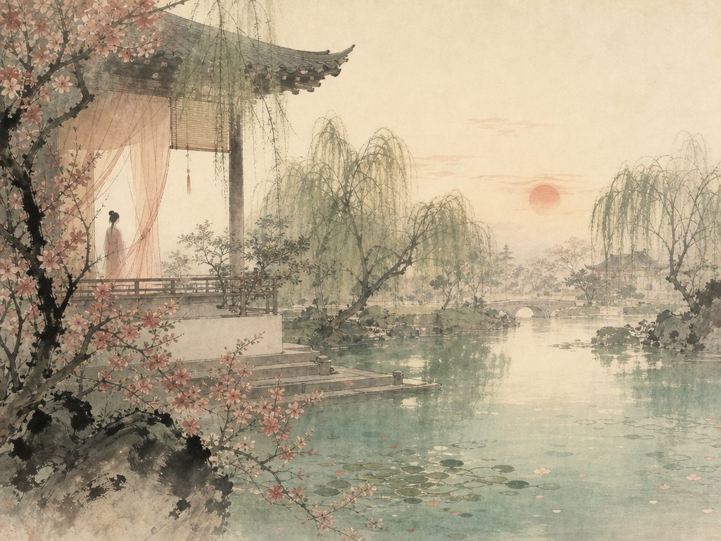 《玉楼春》水墨写意背景插图：婉约柔美，水、帘、香、阶。