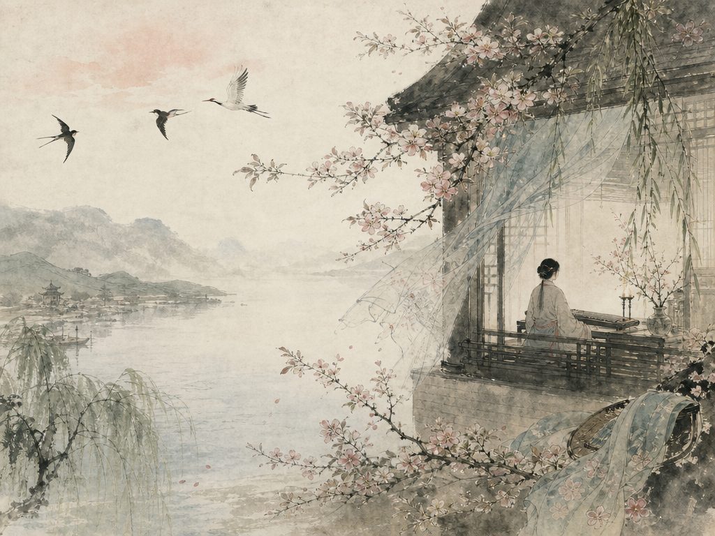 《玉楼春》水墨写意背景插图：婉约柔美，燕、鸿、云、琴。