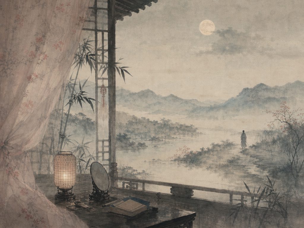 《玉楼春》水墨写意背景插图：闺怨相思，书、水、风、竹。