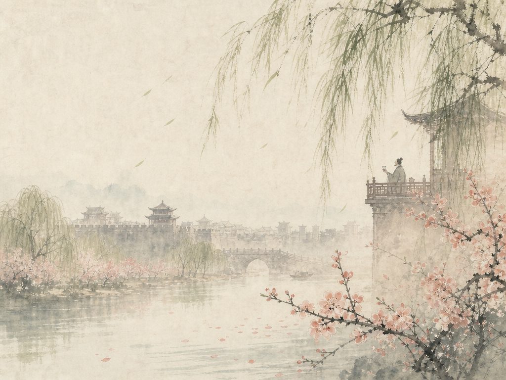 《浪淘沙》水墨写意背景插图：婉约柔美，酒、东风、城、花。