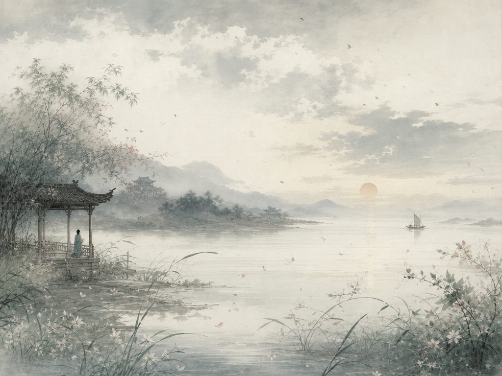 《凤箫吟・芳草》水墨写意背景插图：离愁别绪，芳草、长亭、水、云。