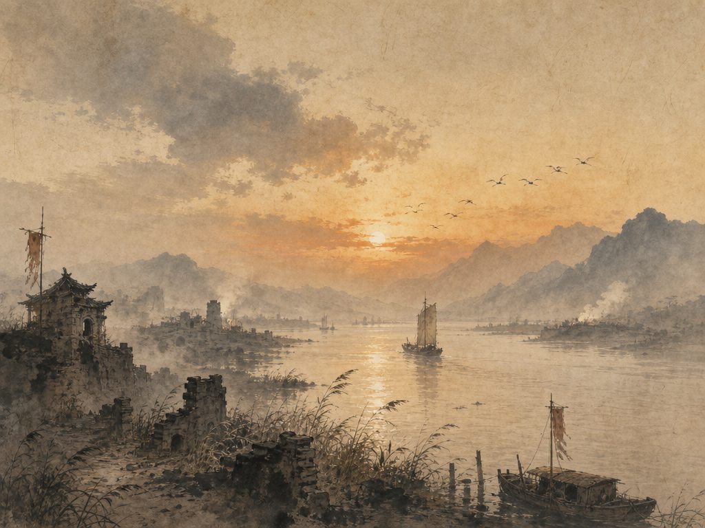 《桂枝香》水墨写意背景插图：怀古伤今，江、峰、归帆、残阳。