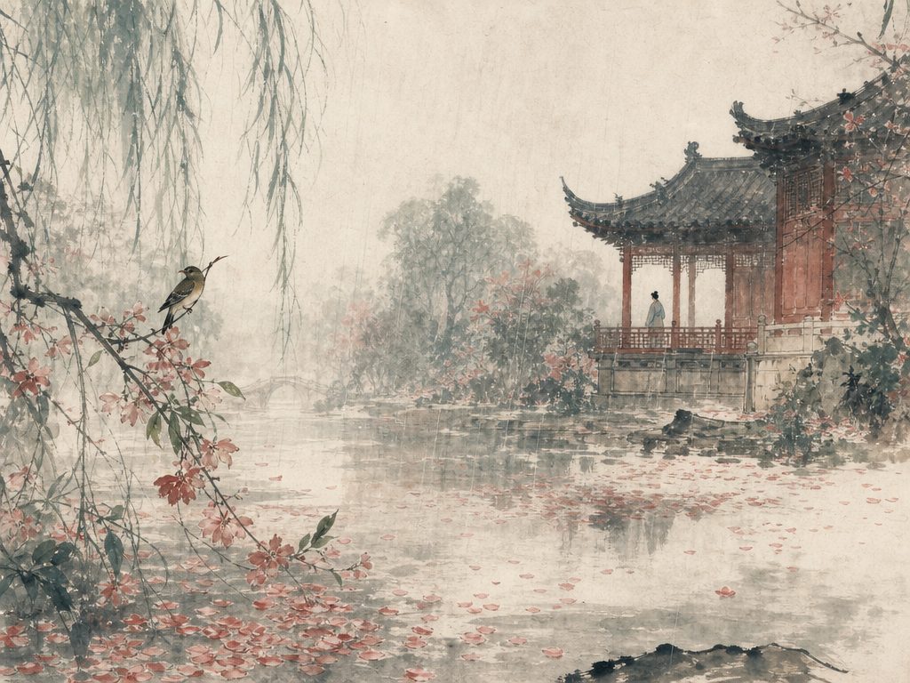 《清平乐》水墨写意背景插图：婉约柔美，莺、残红、宫、园。