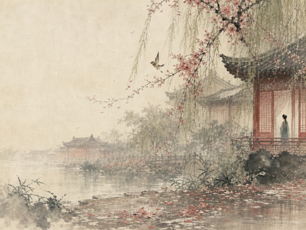 《清平乐》水墨写意背景插图：婉约柔美，莺、残红、宫、园。
