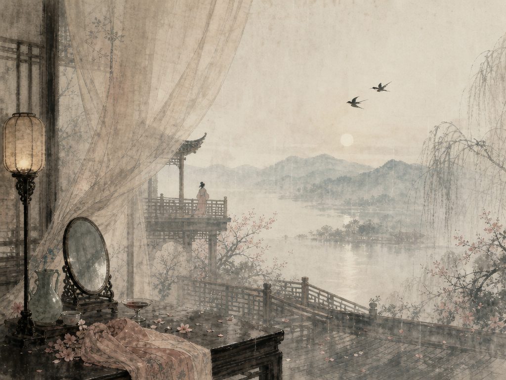 《临江仙》水墨写意背景插图：闺怨相思，楼、台、酒、帘。