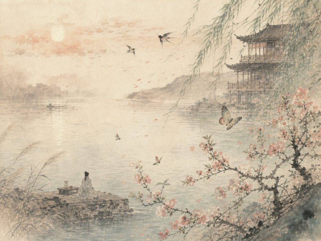 《蝶恋花》水墨写意背景插图：婉约柔美，风、日、香、酒。