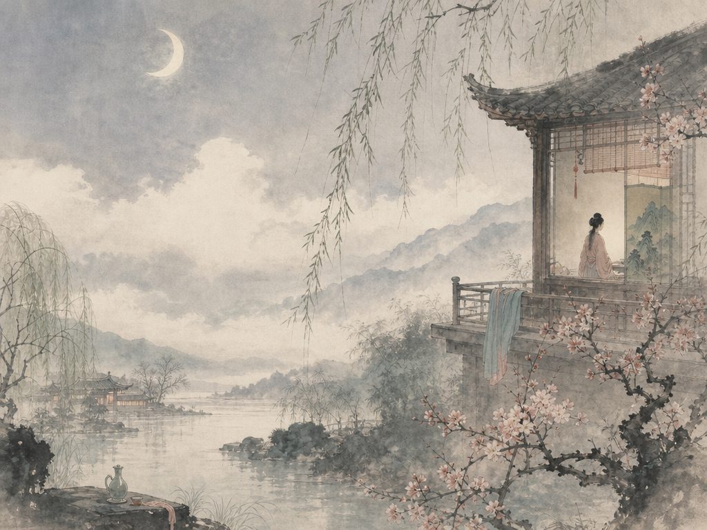《蝶恋花》水墨写意背景插图：婉约柔美，西楼、云、斜月、窗。