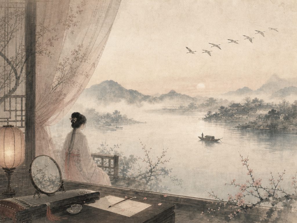 《蝶恋花》水墨写意背景插图：闺怨相思，江、烟、水、书。