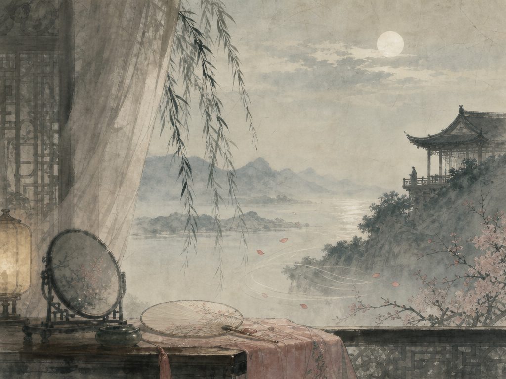 《鹧鸪天》水墨写意背景插图：闺怨相思，袖、杨柳、楼、月。