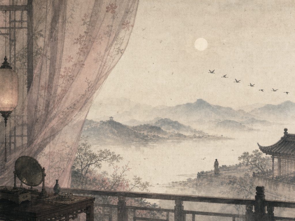 《生查子》水墨写意背景插图：闺怨相思，关山、雁、纱窗。