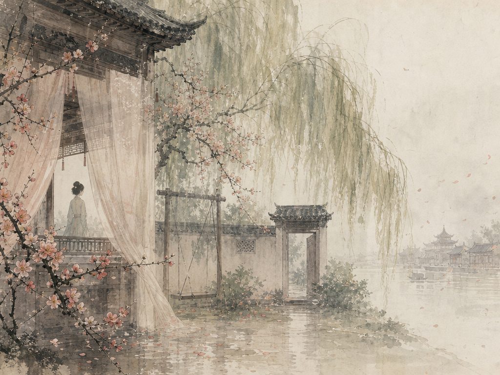 《木兰花・玉楼春》水墨写意背景插图：婉约柔美，楼、秋千、院、重帘。