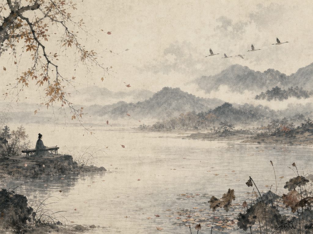 《菩萨蛮》水墨写意背景插图：伤春悲秋，筝、江、秋水、雁。