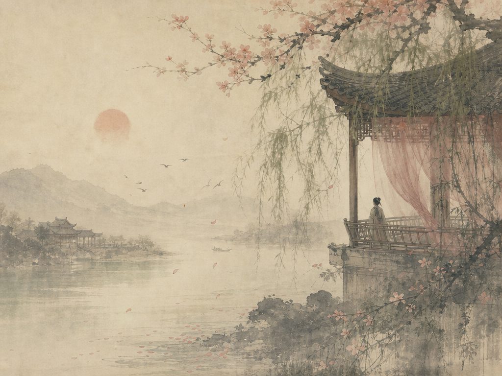 《玉楼春》水墨写意背景插图：婉约柔美，东风、楼、帘、日。