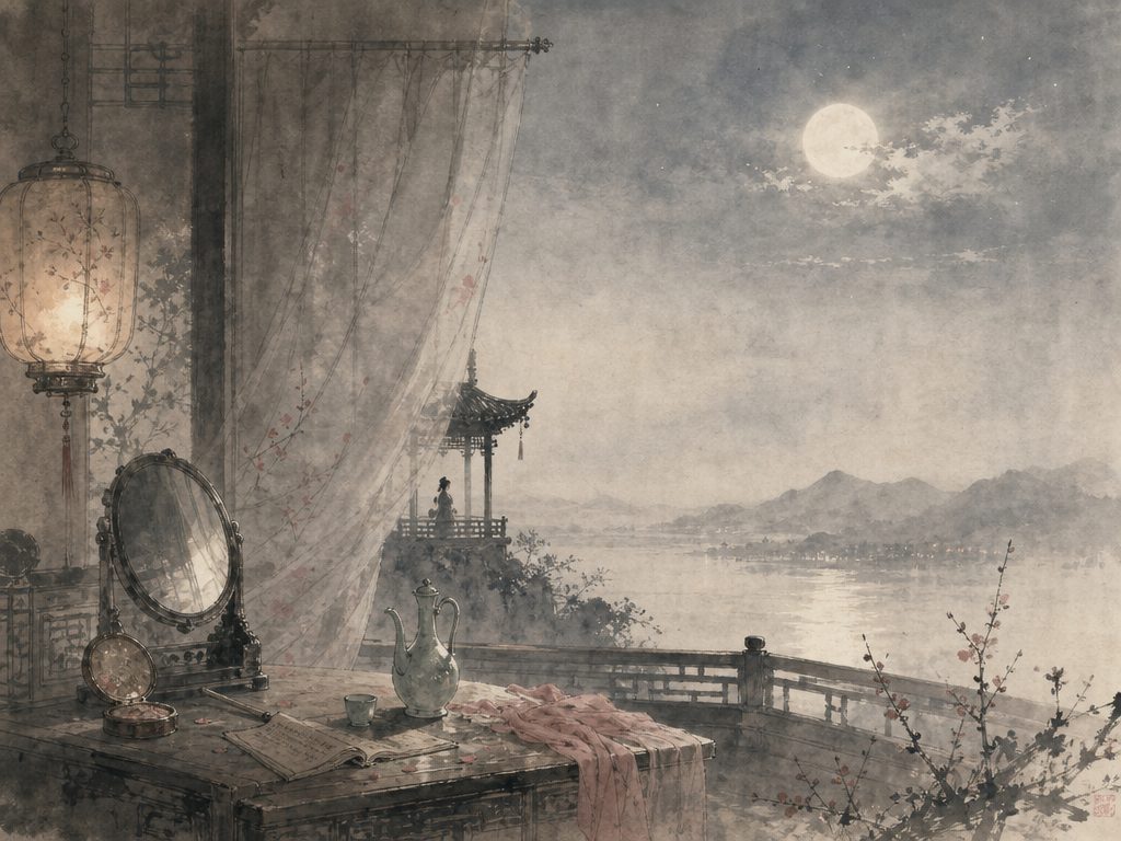 《阮郎归》水墨写意背景插图：闺怨相思，香、书、酒。