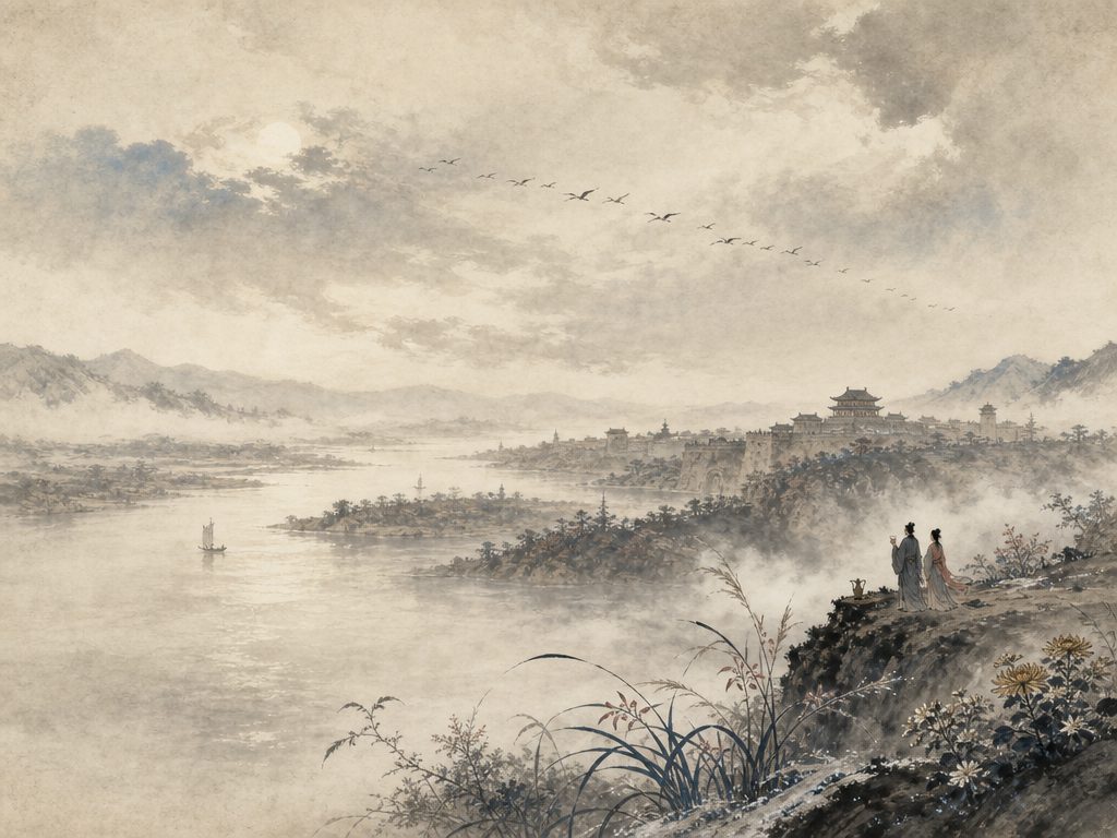 《阮郎归》水墨写意背景插图：豪放壮阔，露、霜、云、雁。