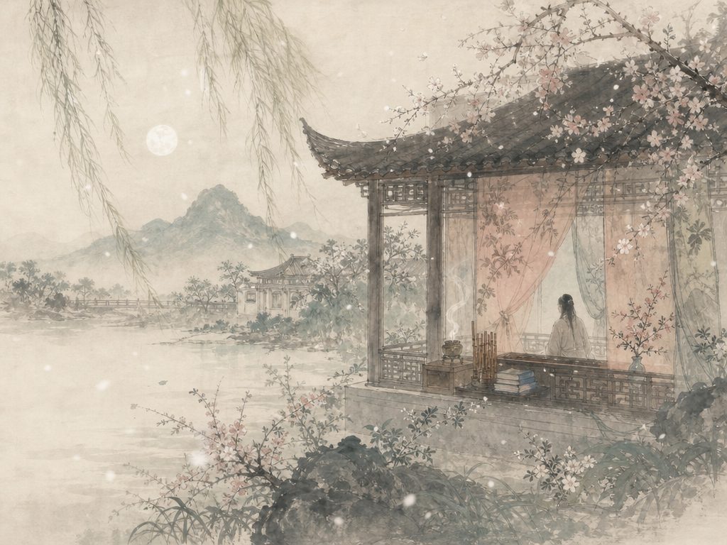 《六么令》水墨写意背景插图：婉约柔美，飞絮、香、阁、宫。