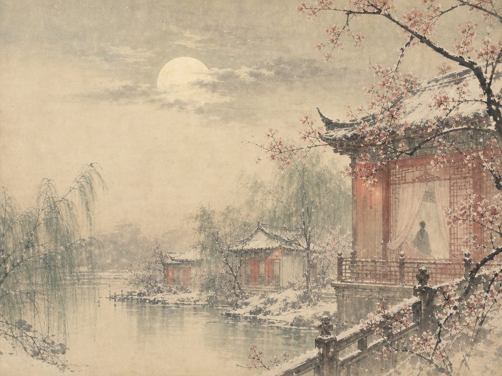 《御街行》水墨写意背景插图：婉约柔美，树、雪、花、云。