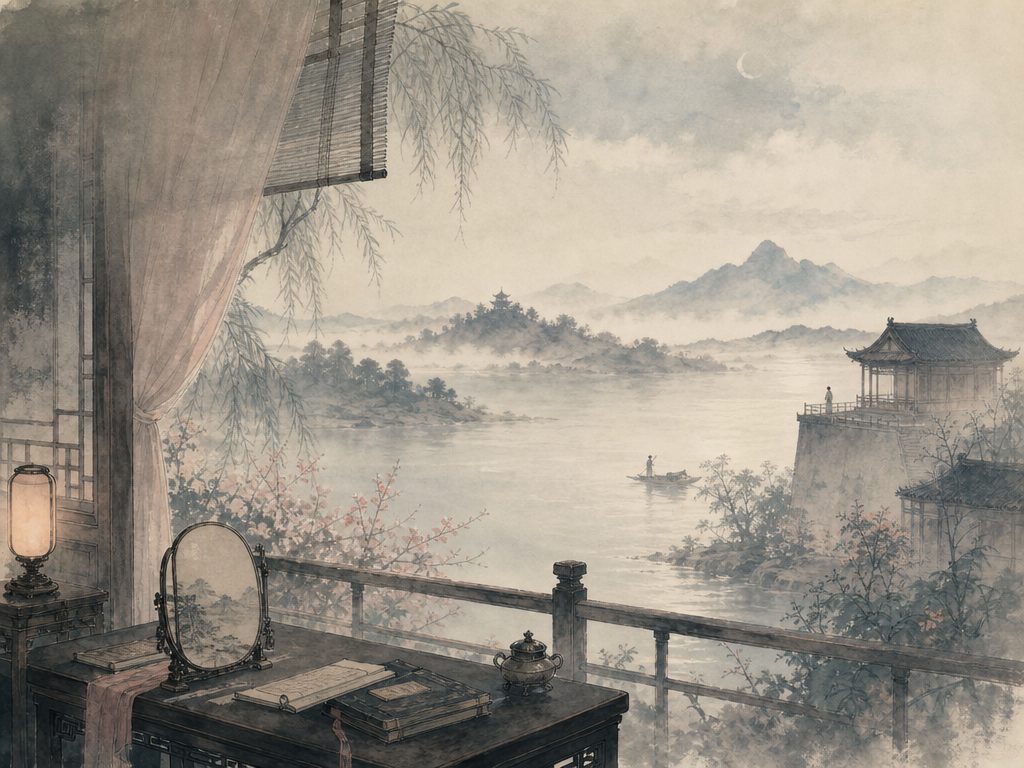 《留春令》水墨写意背景插图：闺怨相思，屏、洲、云、水。