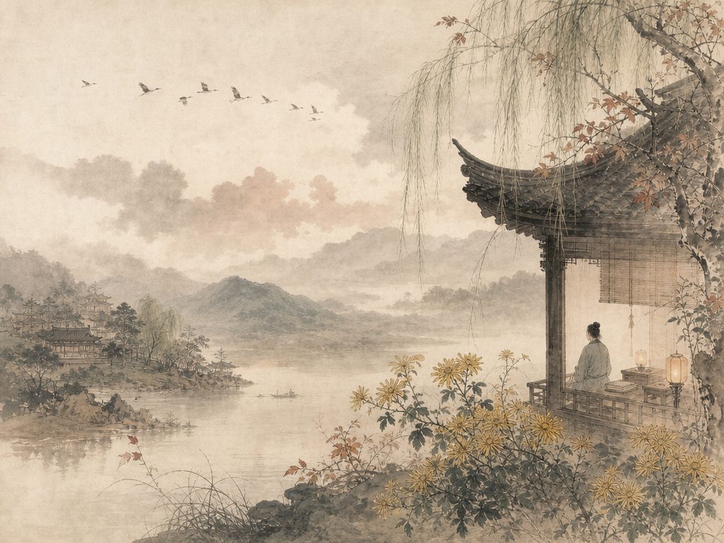 《思远人》水墨写意背景插图：婉约柔美，黄花、云、归鸿、书。