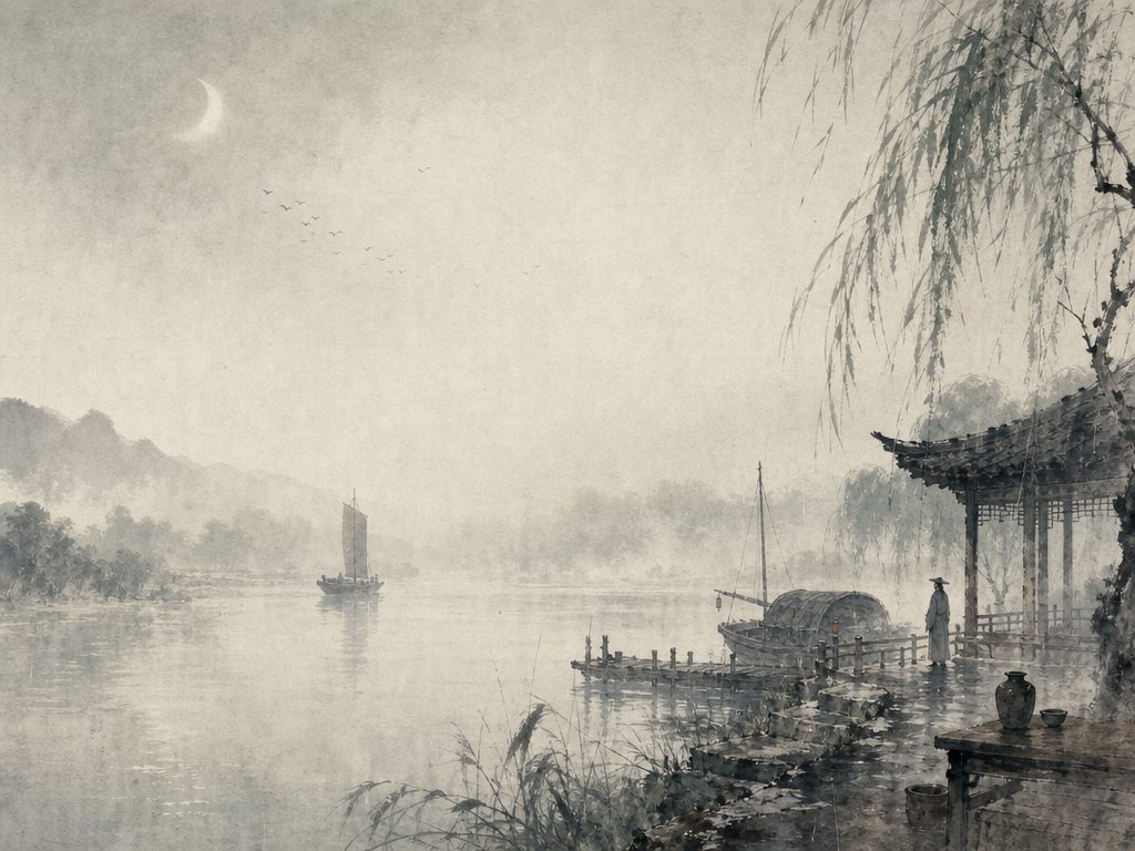 《雨霖铃》水墨写意背景插图：离愁别绪，寒蝉、长亭、雨、门。