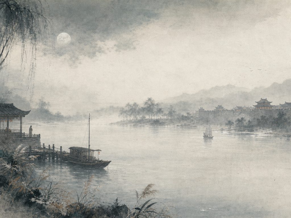 《采莲令》水墨写意背景插图：离愁别绪，月华、云、霜、朱户。