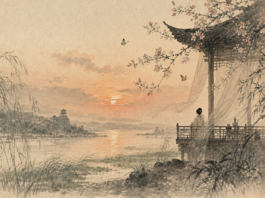 《凤栖梧・蝶恋花》水墨写意背景插图：婉约柔美，花、蝶、危楼、风。