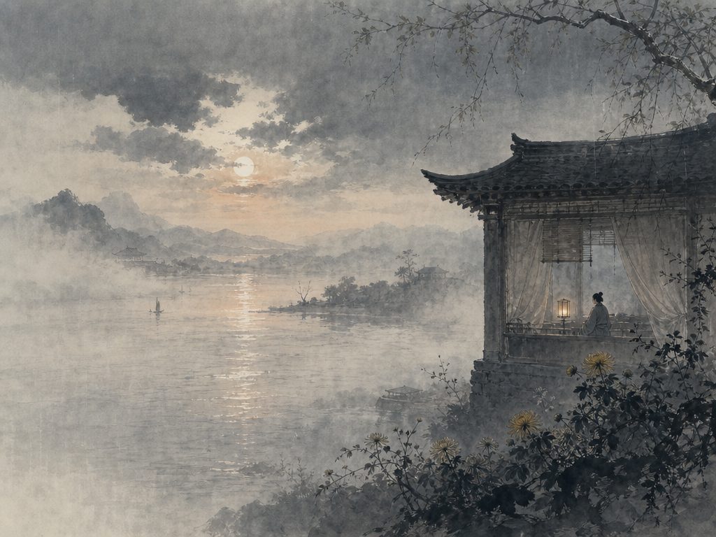 《戚氏》水墨写意背景插图：清冷孤寂，微雨、菊、烟、江。