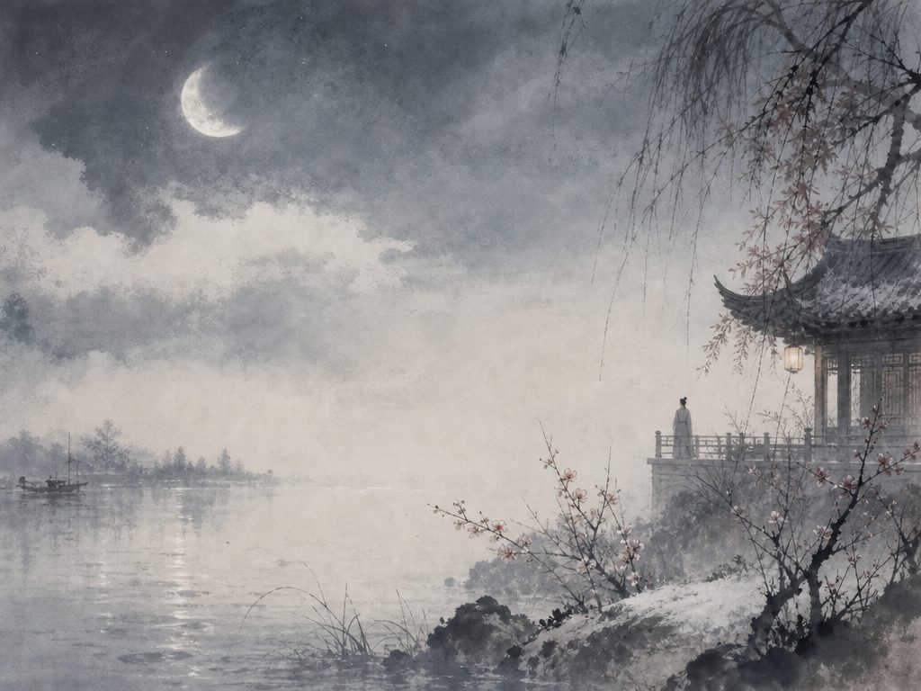 《玉蝴蝶》水墨写意背景插图：清冷孤寂，雨、云、水、风。