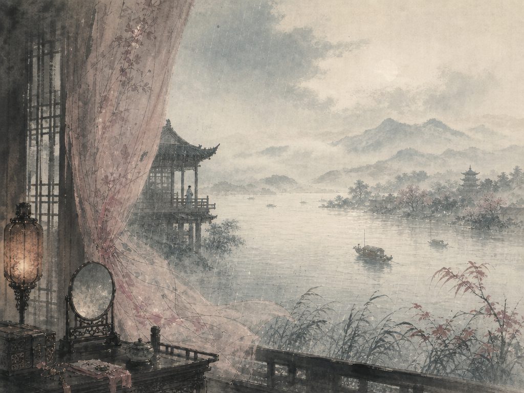 《八声甘州》水墨写意背景插图：闺怨相思，雨、霜、风、河。