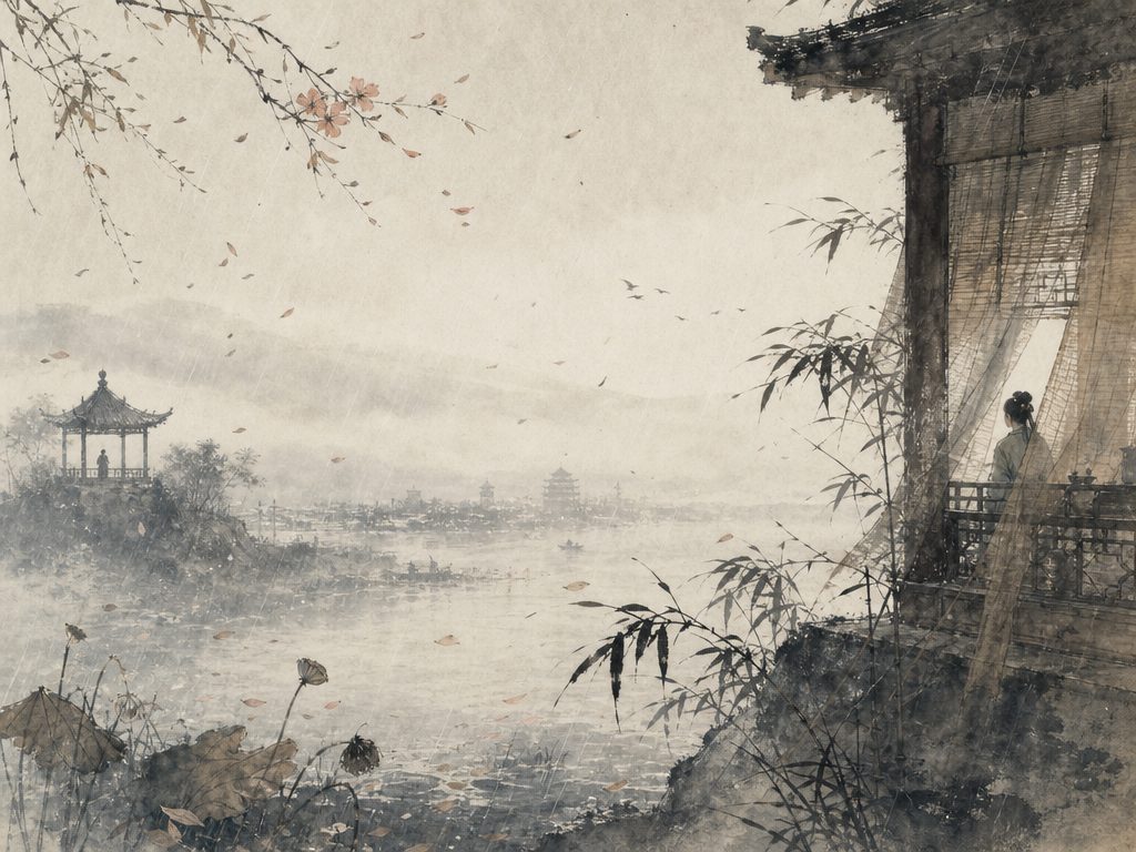 《竹马子・竹马儿》水墨写意背景插图：伤春悲秋，竹、马、亭、烟。